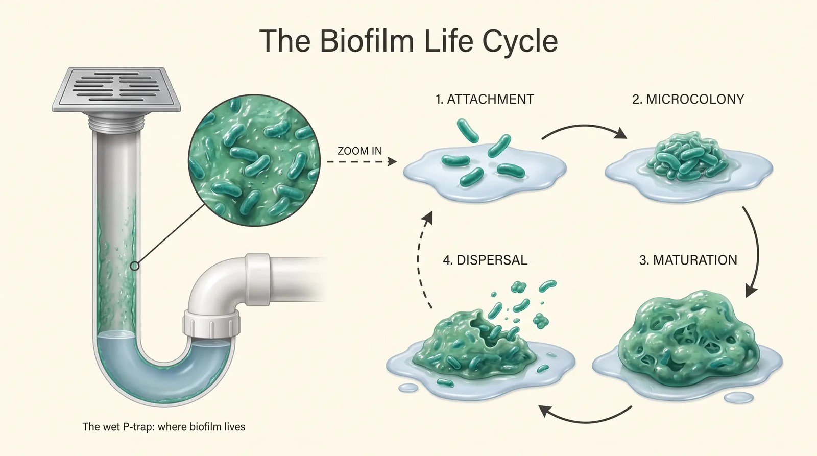 Labeled diagram of the biofilm life cycle beside a P-trap: attachment, microcolony, maturation, and dispersal
