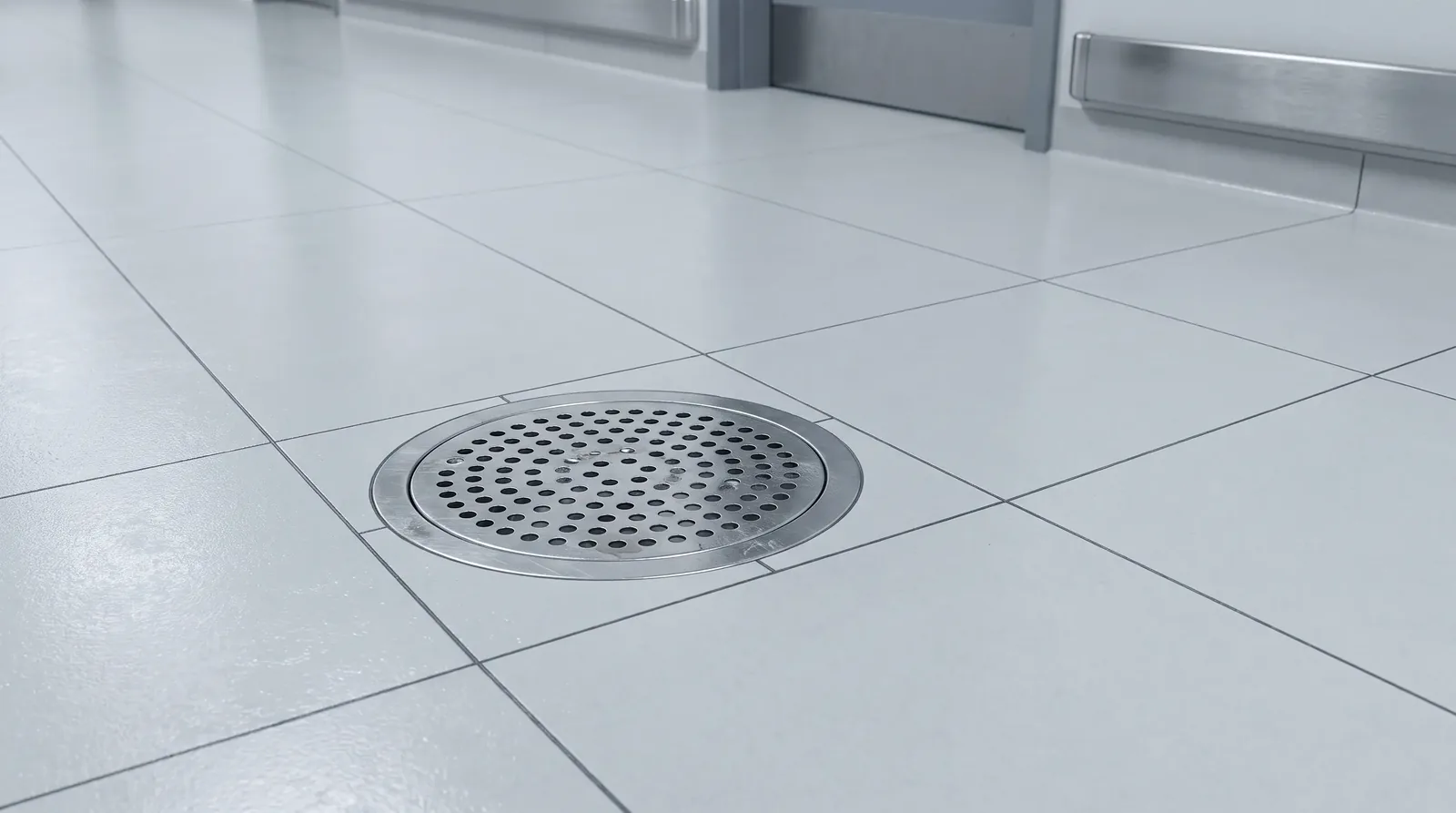 Floor drain in a clinical corridor