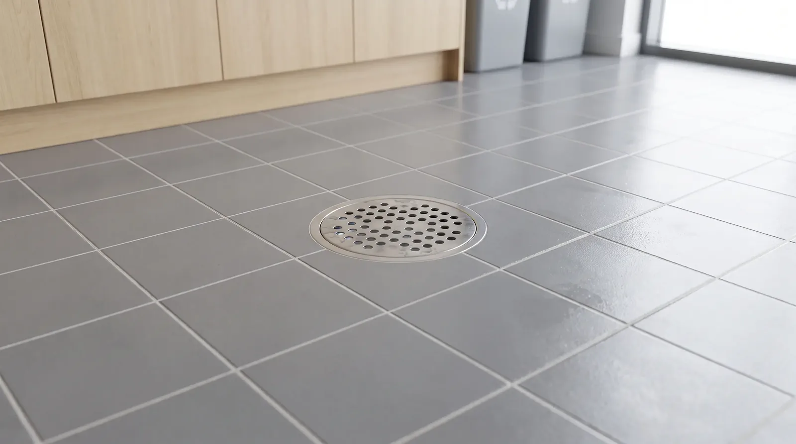 Small floor drain in a campus kitchenette