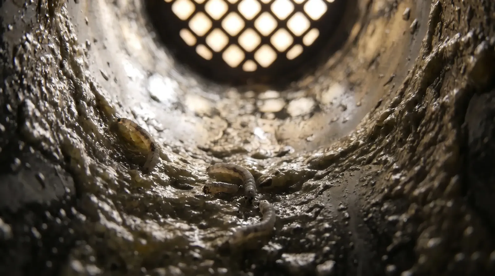 Drain fly larvae feeding in the biofilm on the inside wall of a drain pipe, below the drain grate