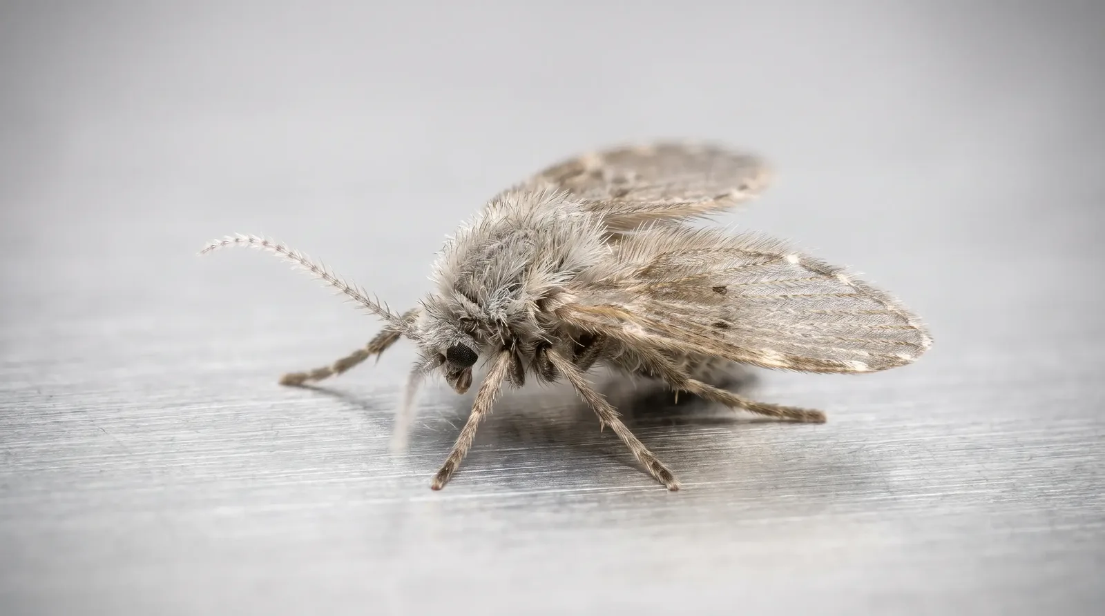 Close-up of a drain fly, the small moth-like fly that breeds in drains