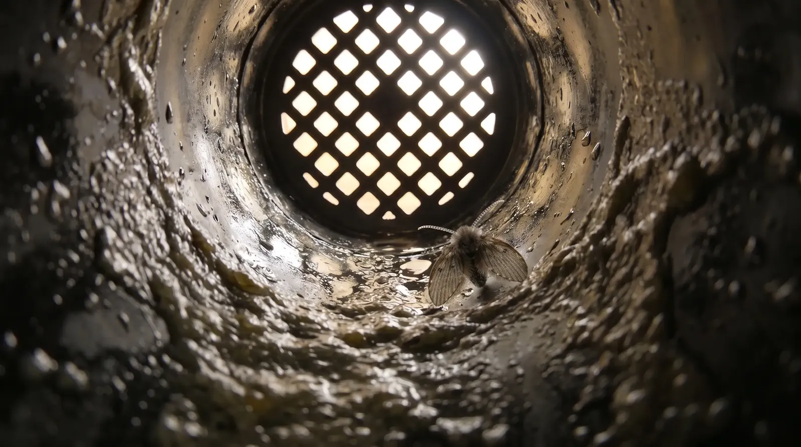The biofilm coating the inside of a drain pipe below the grate, with an adult drain fly resting on it