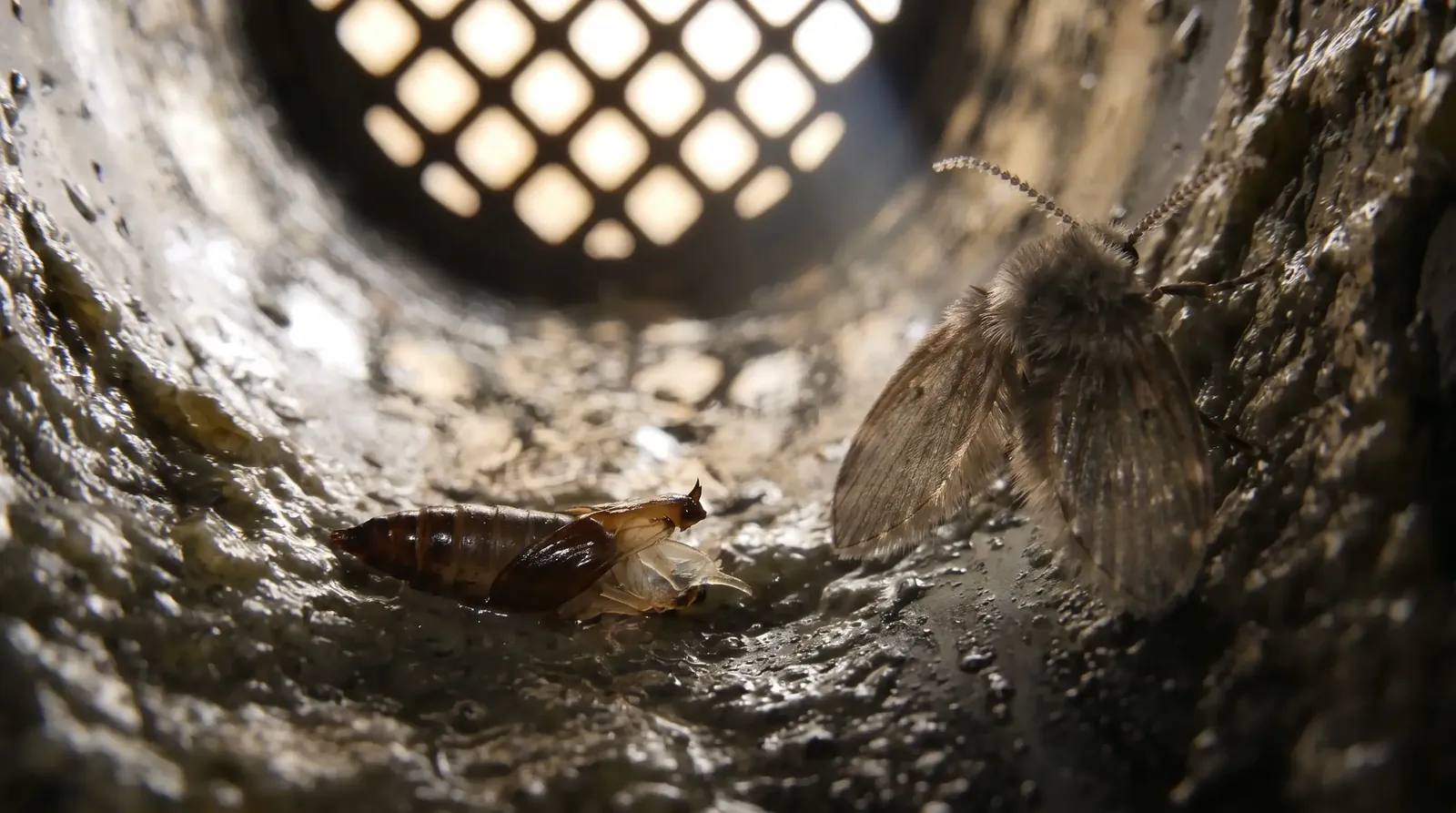 An adult drain fly beside the empty pupal case it came out of, on the biofilm inside a drain pipe
