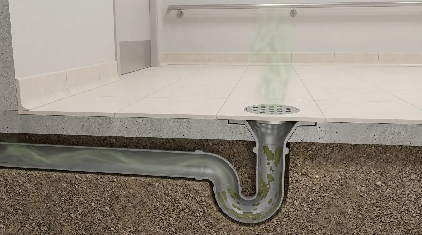 Cutaway of a dry floor drain letting air rise into a healthcare corridor