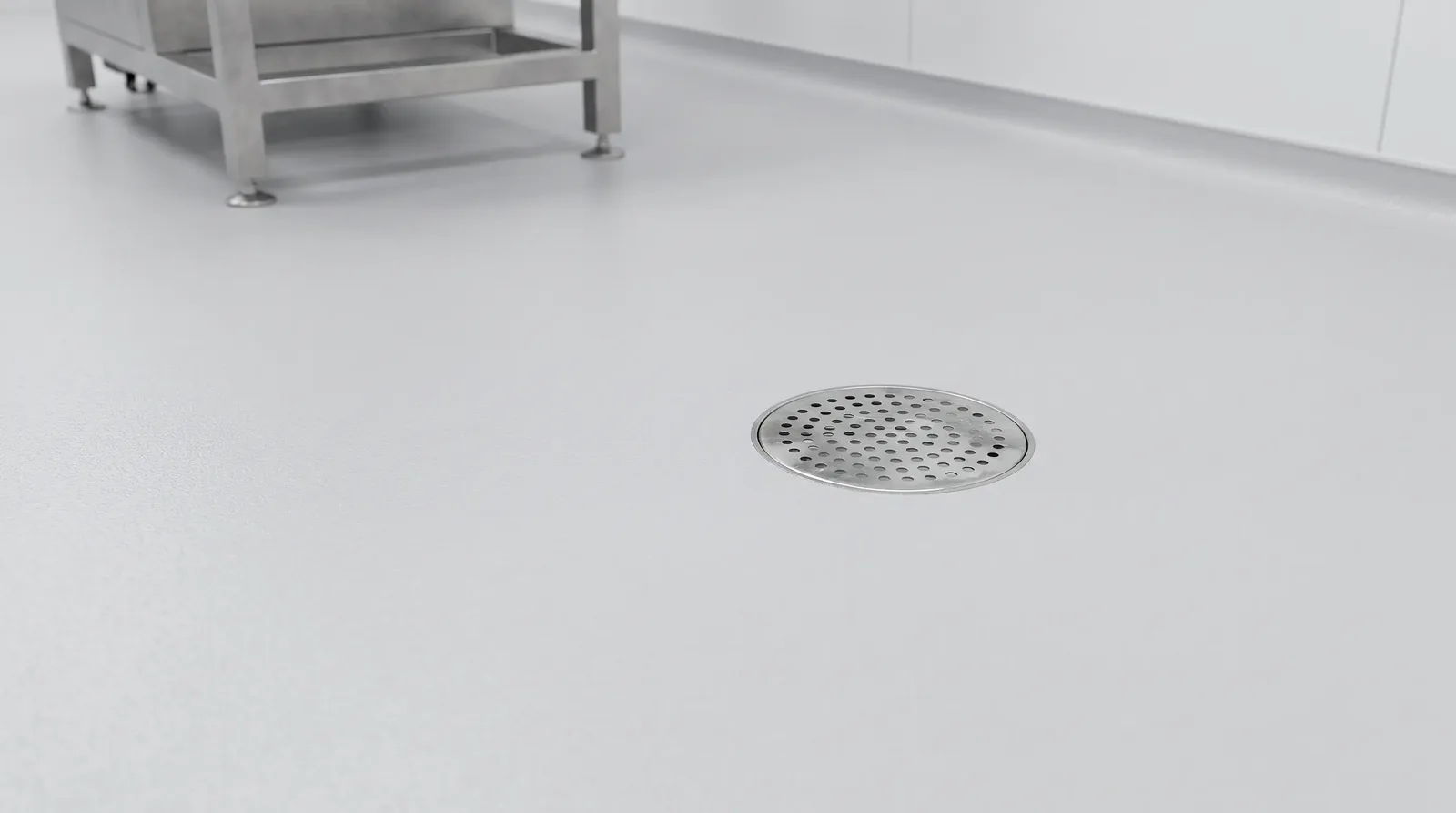 Floor drain in a food plant packing hall