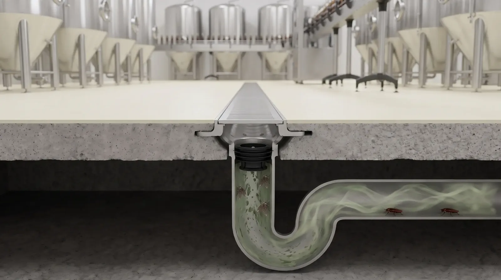 Green Drain installed beneath a stainless trench grate in a food processing facility, cutaway view