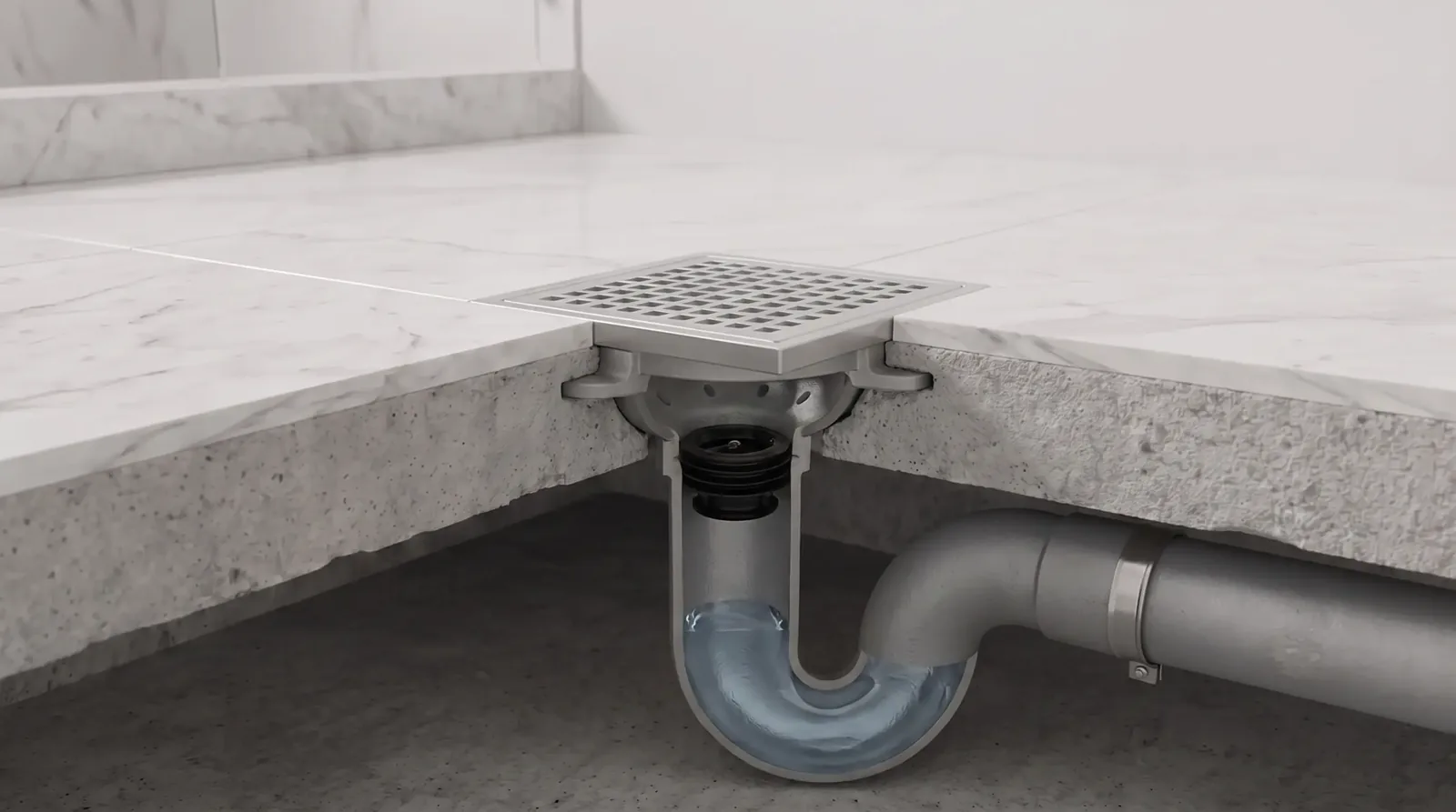 Cutaway of a Green Drain seated in a floor drain with the trap below clean and quiet