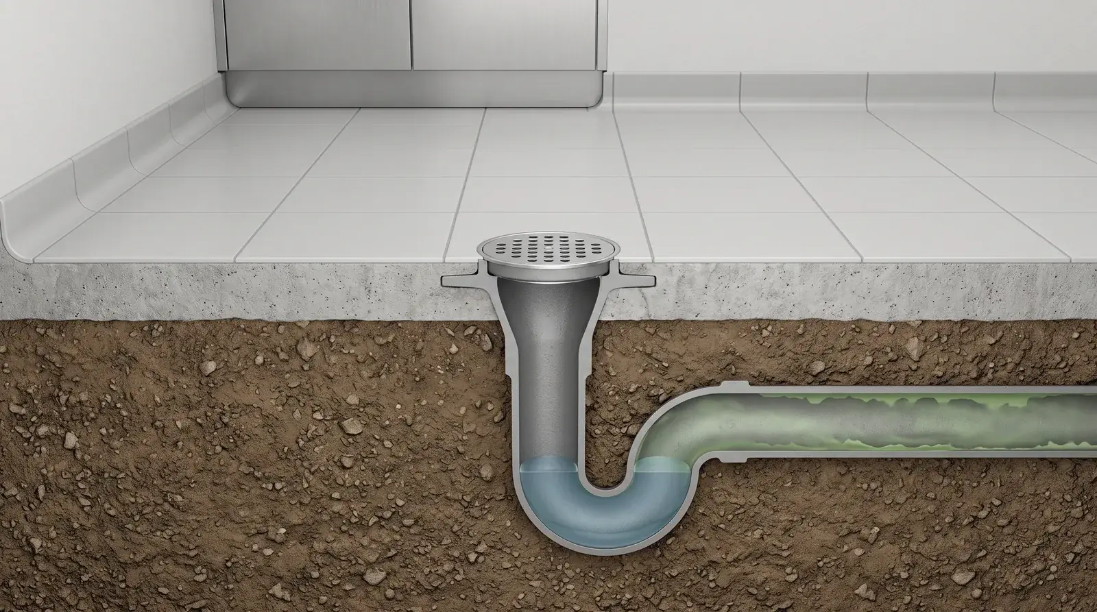 Cutaway of a healthcare utility room floor drain with residue lining the trap arm