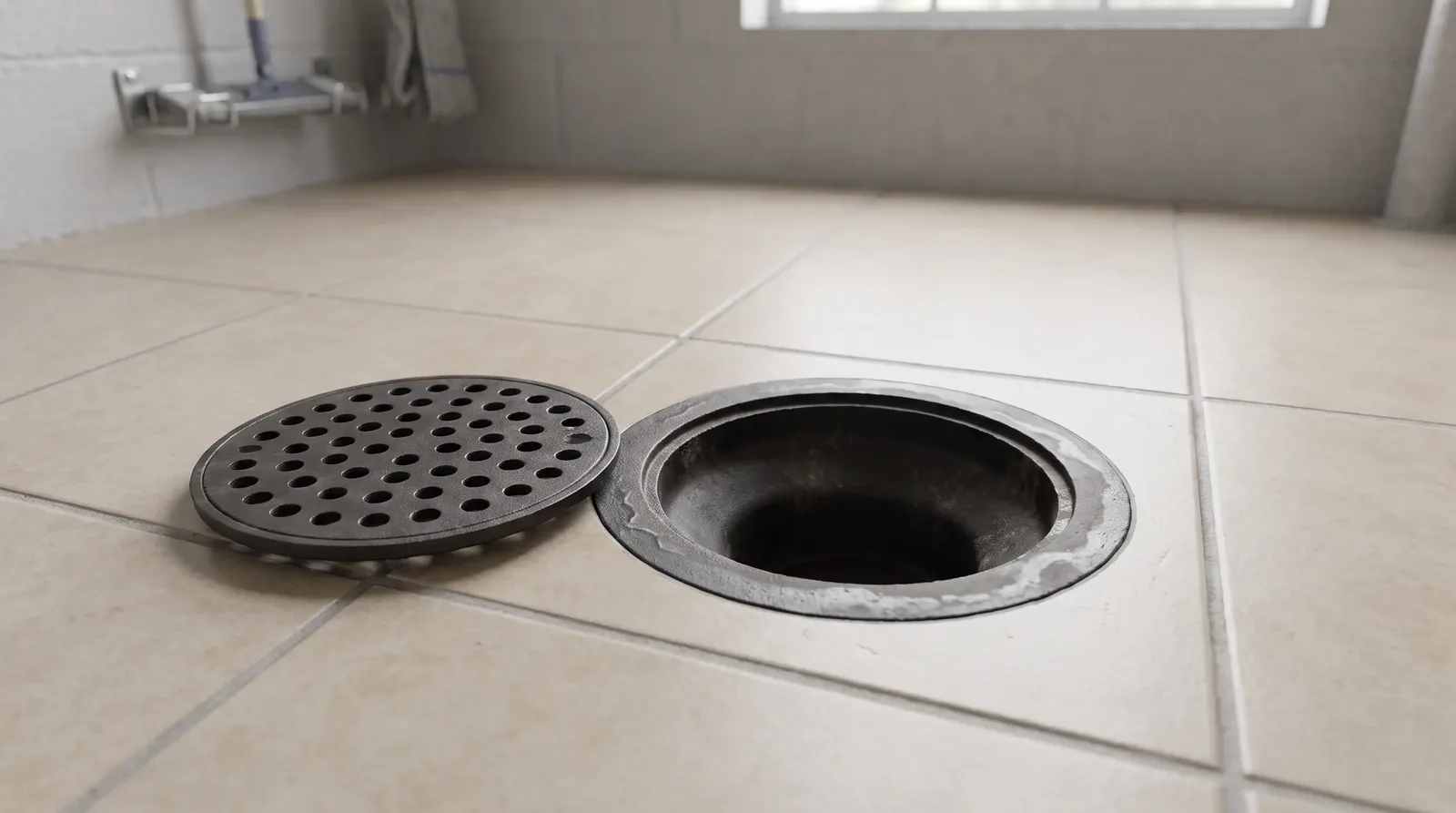 Floor drain in a janitor closet with the grate lifted for service
