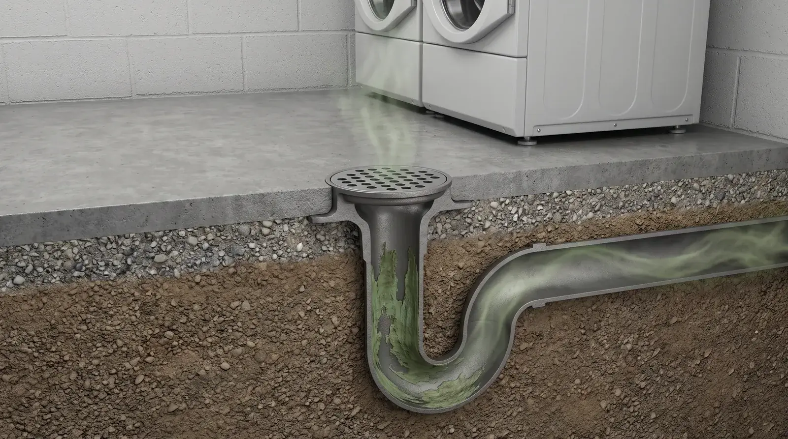 Cutaway of a dry floor drain venting between laundry machines