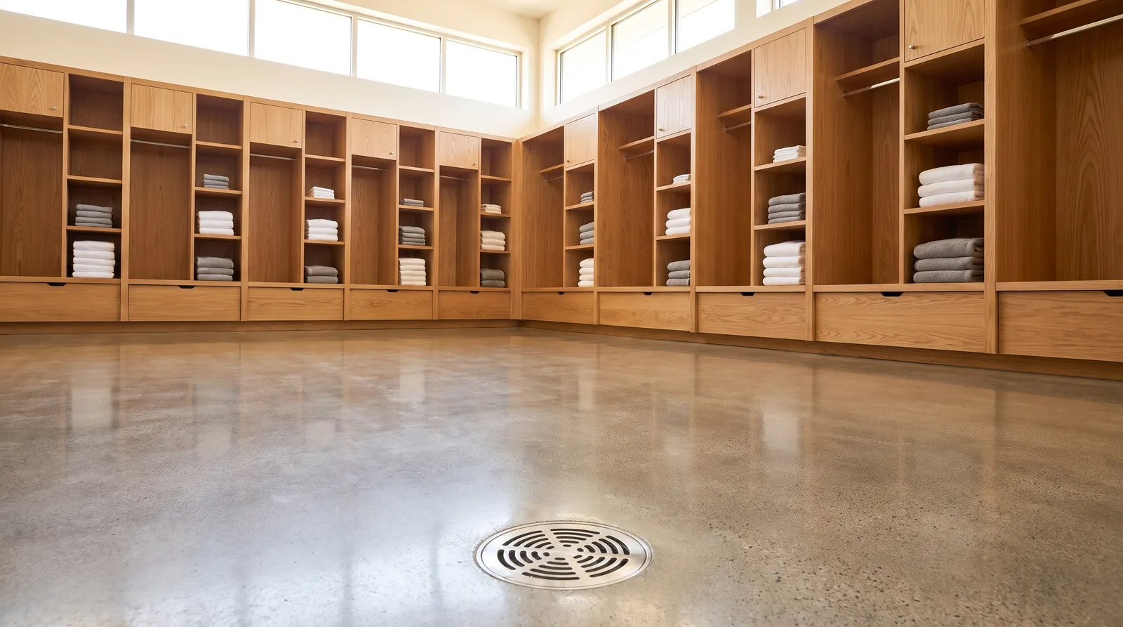 Empty locker room with a floor drain in the polished concrete