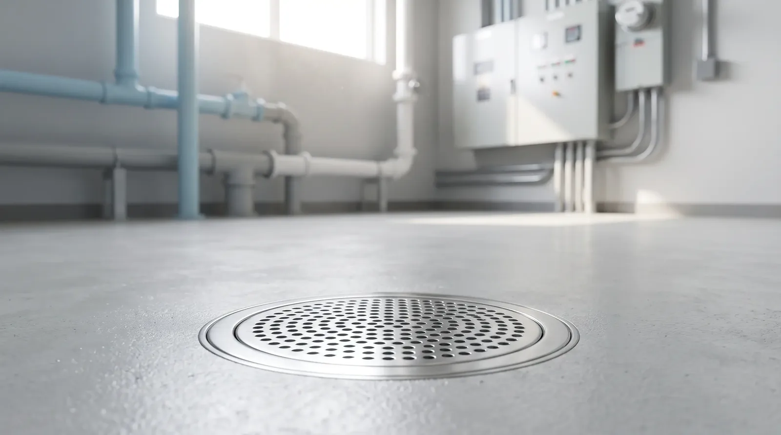 Floor drain in a building mechanical room