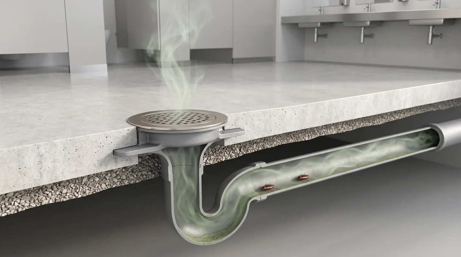 Cutaway illustration of a dry floor drain in an office washroom