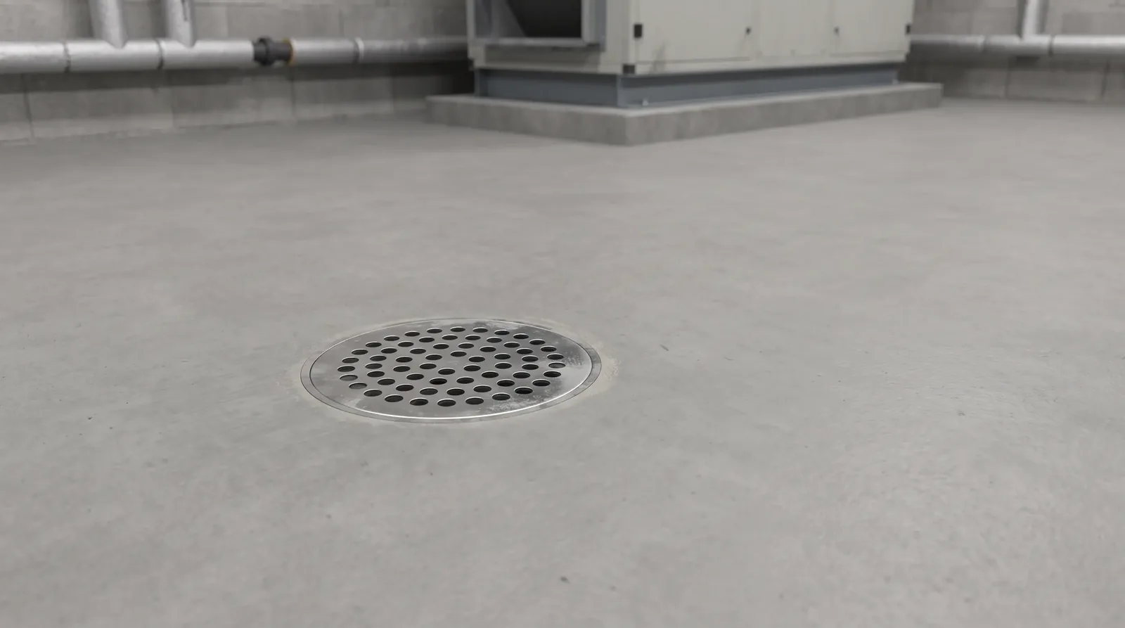 Floor drain in a mechanical plant room