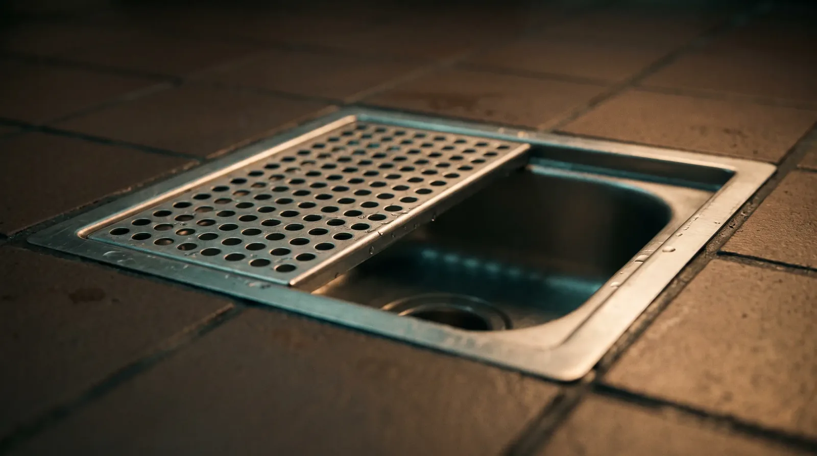 Restaurant floor sink with part of the grate removed