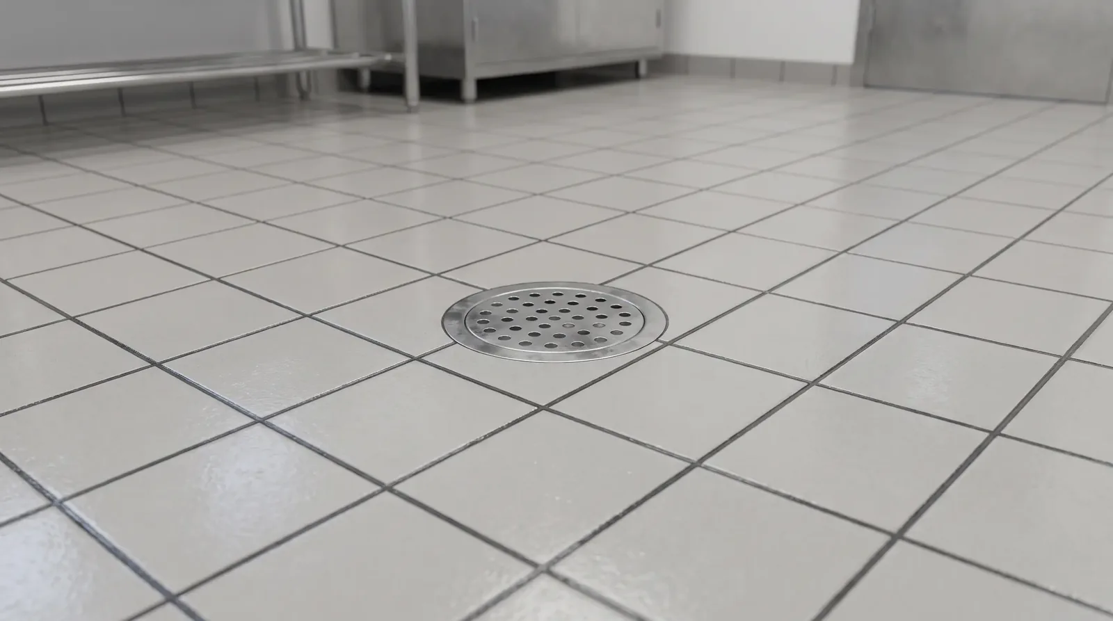 Floor drain in a school cafeteria kitchen
