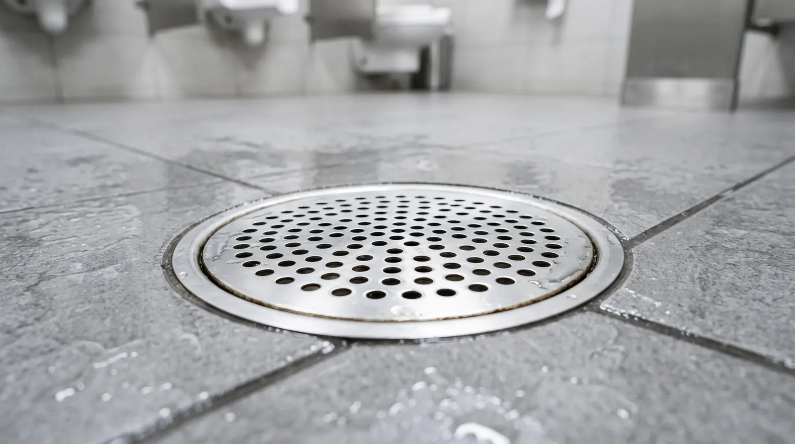 Water pooling on tile around a restroom floor drain