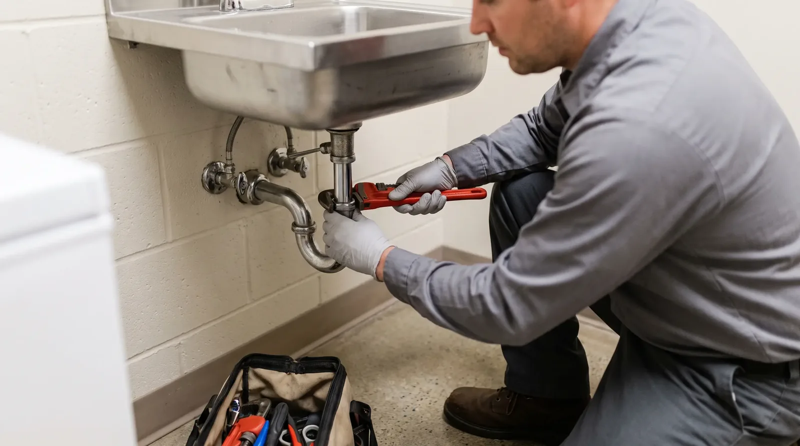 Technician servicing the P-trap under a utility sink