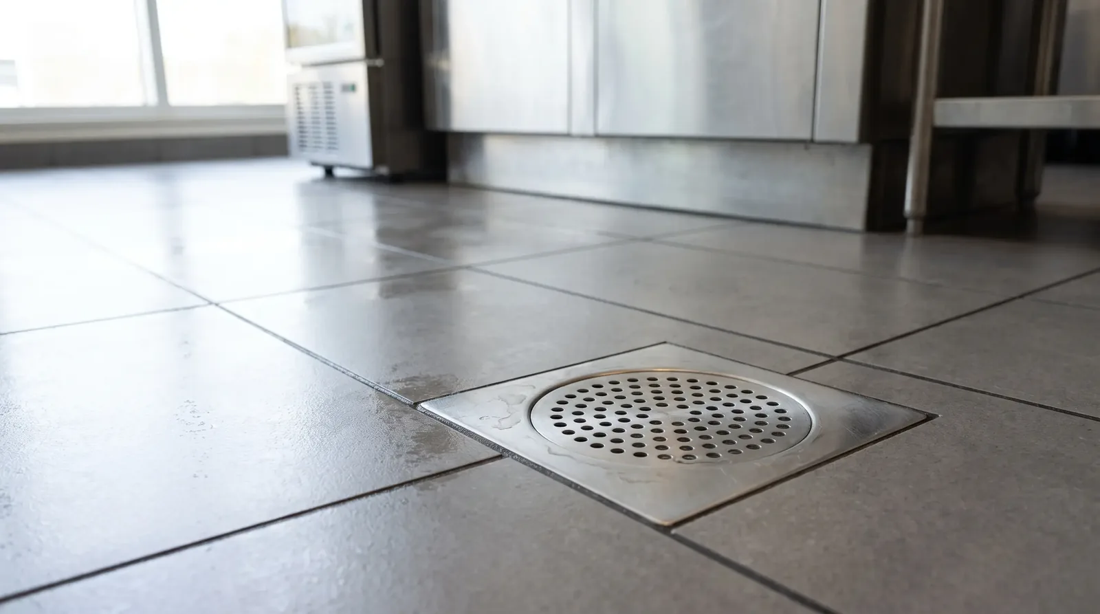 Floor drain in a university dining servery