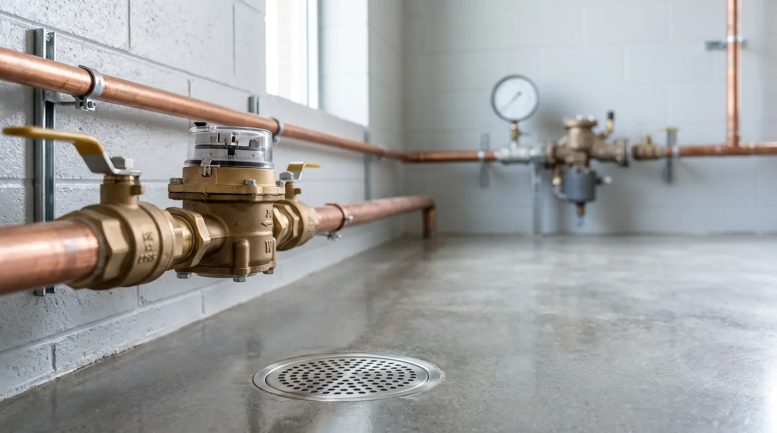 Water meter on a copper line above a floor drain