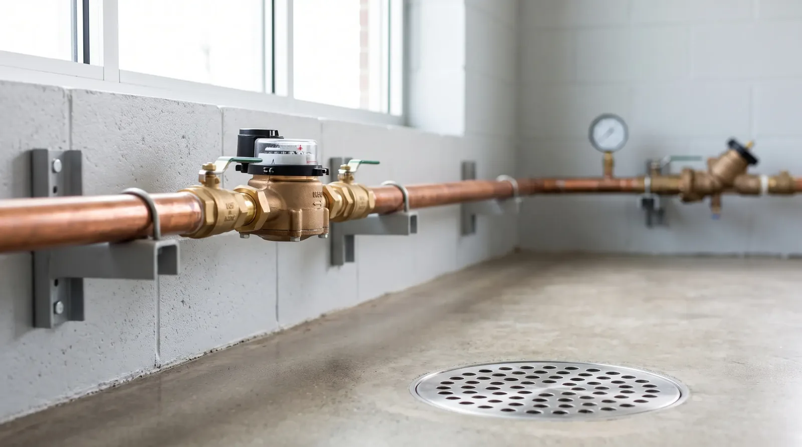 Water meter and backflow assembly above a floor drain in a meter room