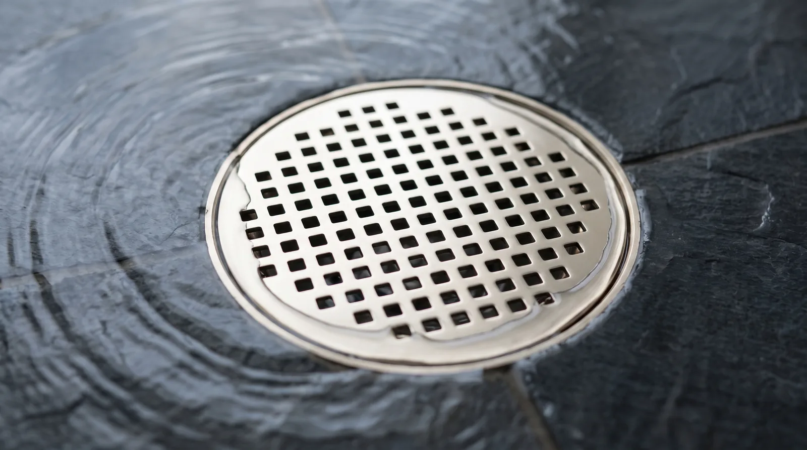Water flowing across tile into a floor drain grate
