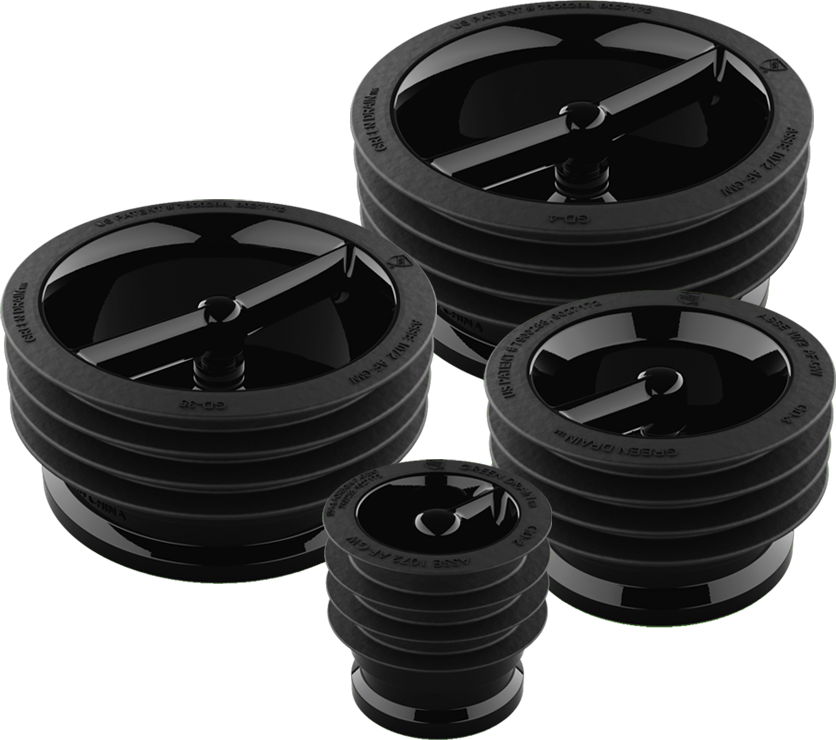 Green Drain waterless trap seal product family — four sizes shown: GD2, GD3, GD4, and GD6