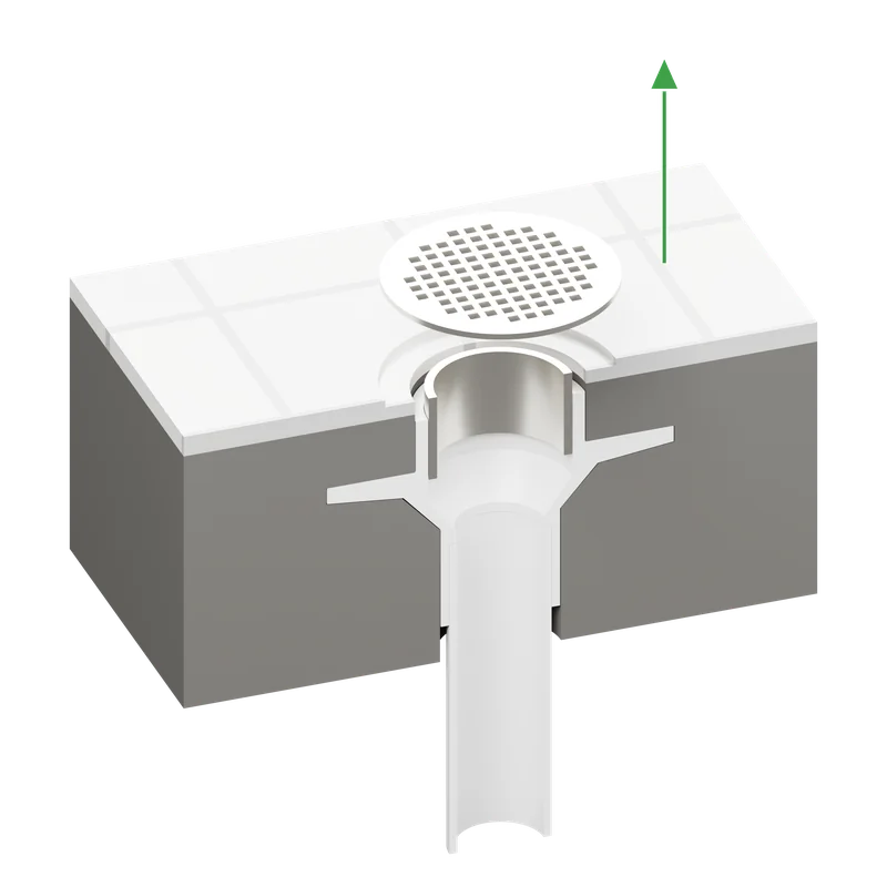 Step 1: the strainer lifted off a shower drain, shown in section